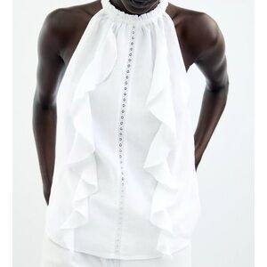 ZARA Ramie Ruffle Halter Top White Small New